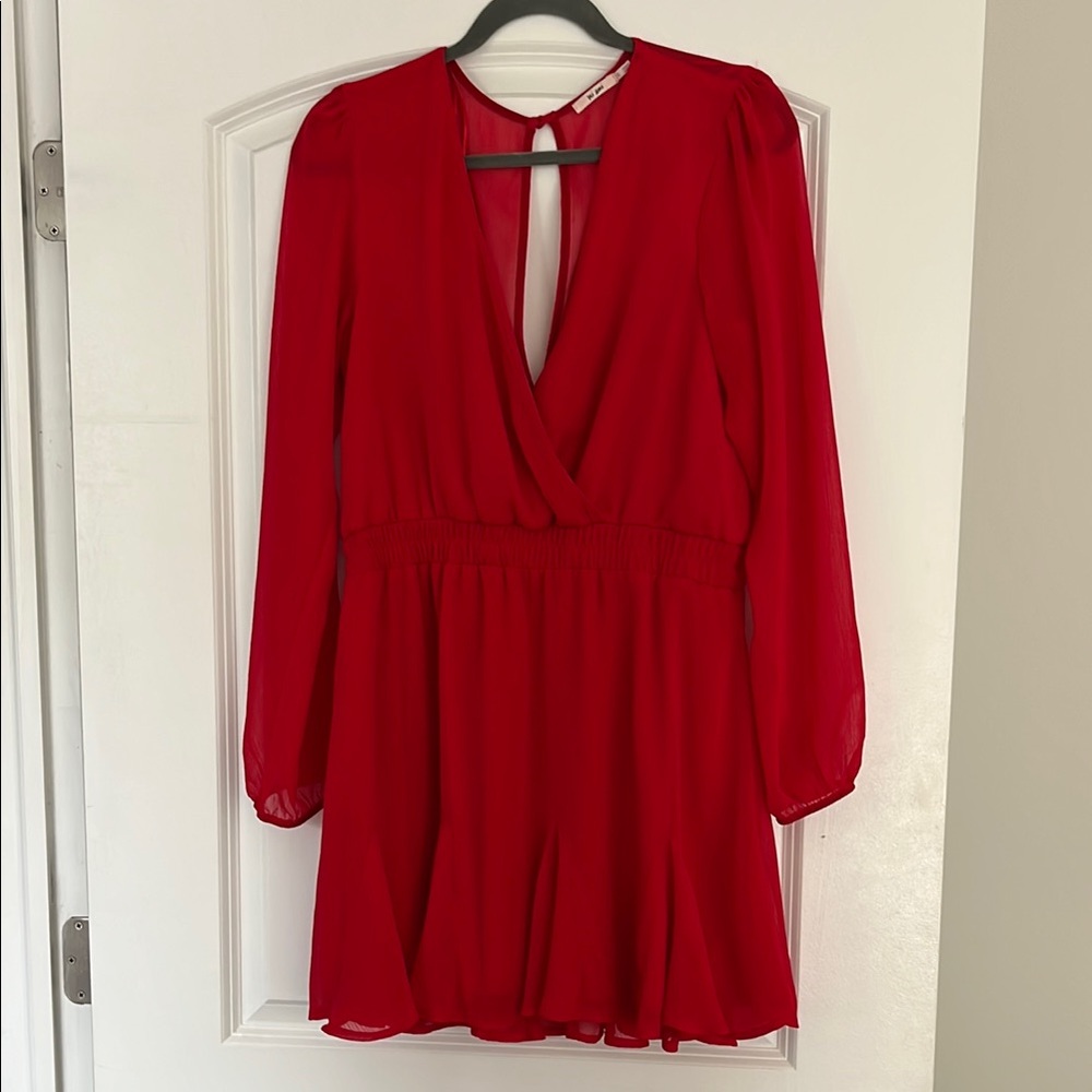 Miami Red Plunge Bishop Sleeve Cocktail Dress